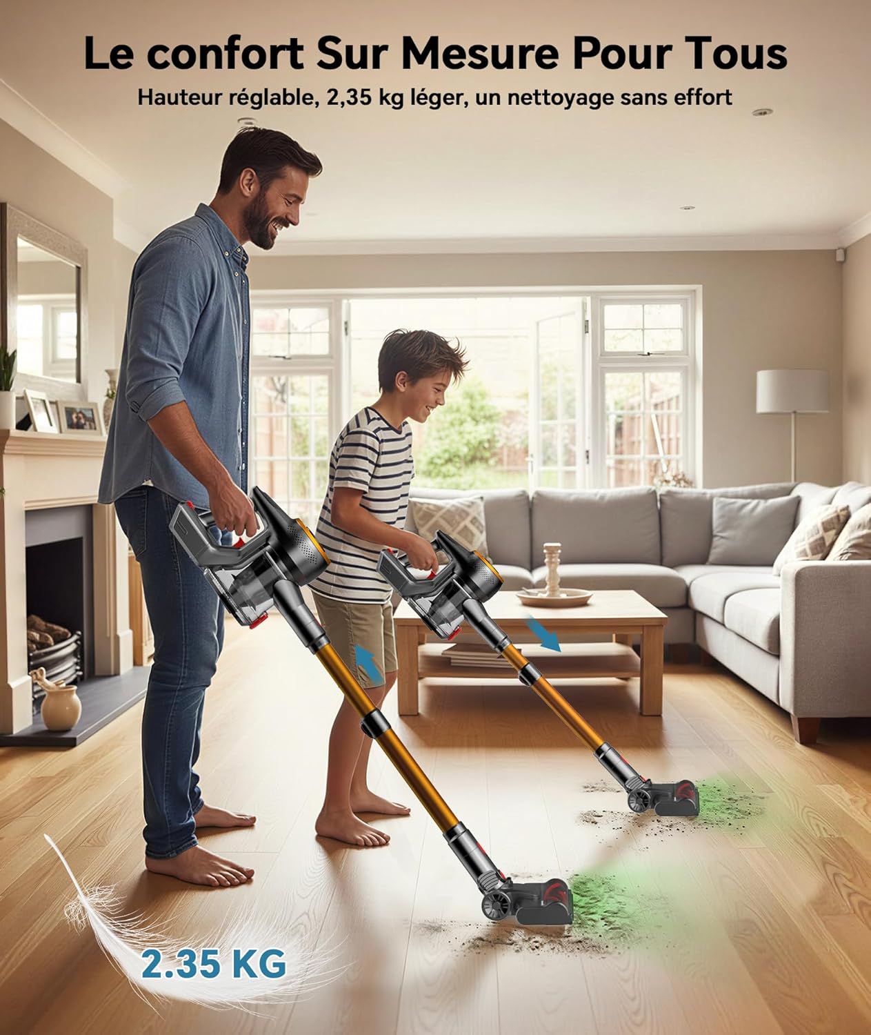 Aspirateur sans fil léger 2,35 kg pour nettoyage facile en famille dans un salon