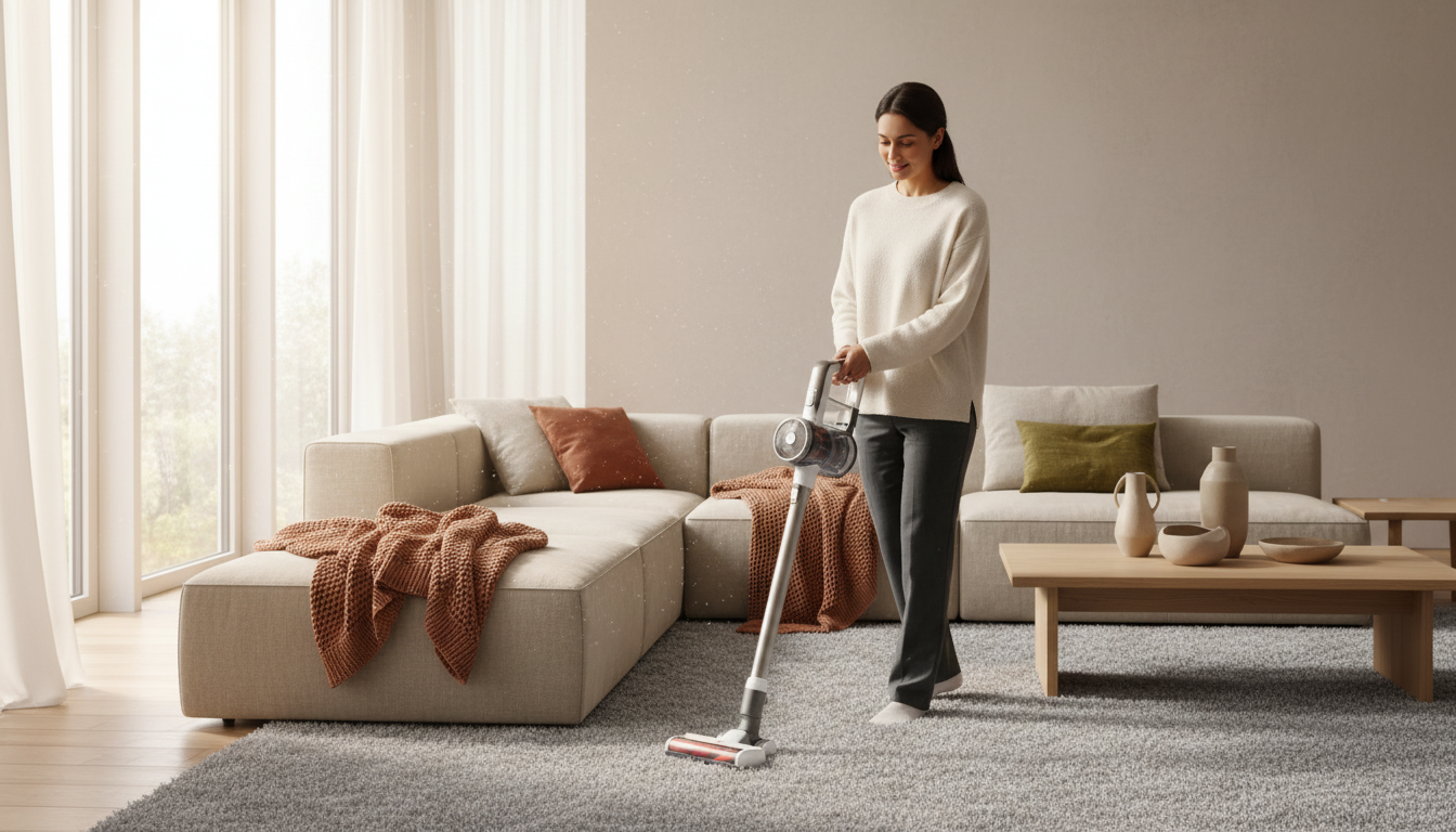 Femme utilisant aspirateur sans fil dans salon moderne avec canapé et tapis