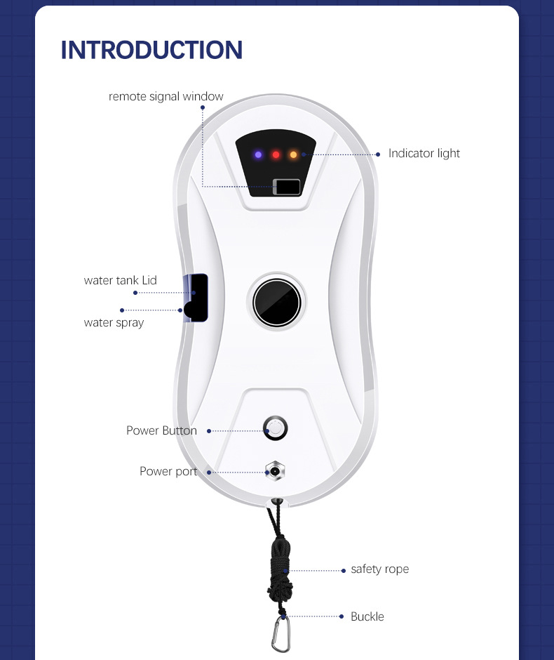 Détails d'un dispositif blanc avec fenêtre de signal, réservoir, bouton d'alimentation et corde de sécurité