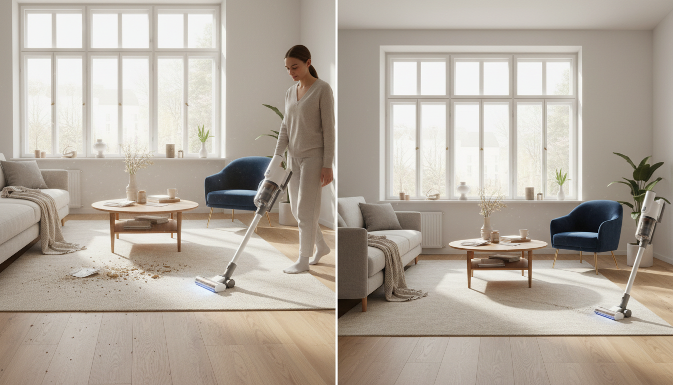 Aspirateur sans fil nettoyant un salon moderne avec tapis et meubles élégants